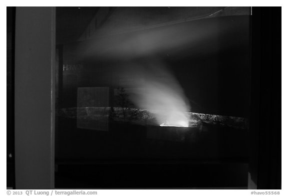 Halemaumau plume and crater at night, Jaguar Museum window reflexion. Hawaii Volcanoes National Park (black and white)