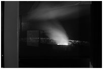 Halemaumau plume and crater at night, Jaguar Museum window reflexion. Hawaii Volcanoes National Park ( black and white)