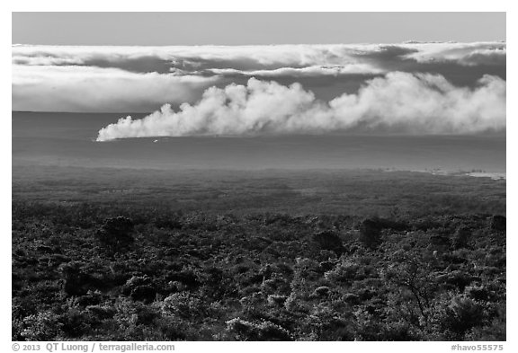 Halemaumau plume spread by trade winds. Hawaii Volcanoes National Park (black and white)