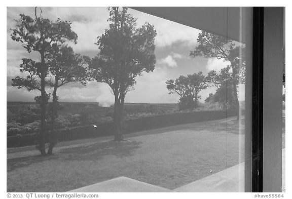 Halemaumau caldera, Volcano House window reflexion. Hawaii Volcanoes National Park, Hawaii, USA.