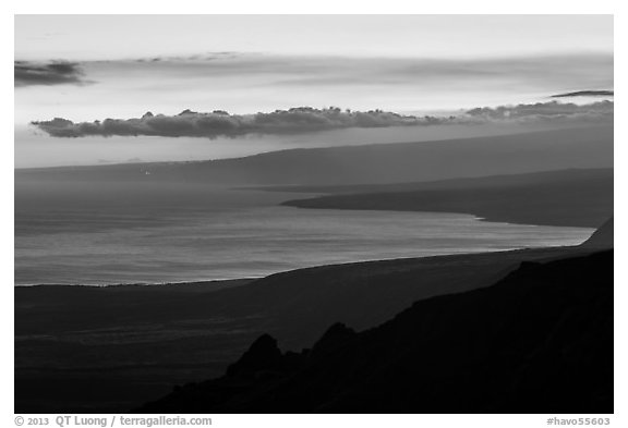 Coastal plain, bay, and Mauna Loa flank at sunset. Hawaii Volcanoes National Park, Hawaii, USA.