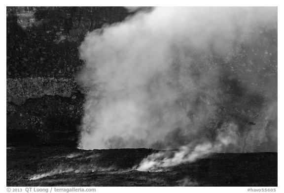 Fumeroles and plume from Halemaumau lava lake. Hawaii Volcanoes National Park (black and white)