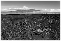 Vein of red and orange lava on Mauna Loa, Mauna Kea in background. Hawaii Volcanoes National Park, Hawaii, USA. (black and white)