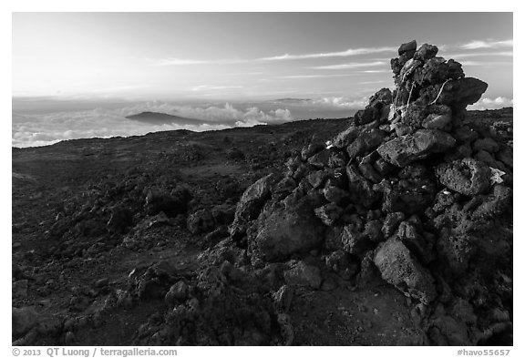 Summit cairn, Mauna Loa. Hawaii Volcanoes National Park (black and white)