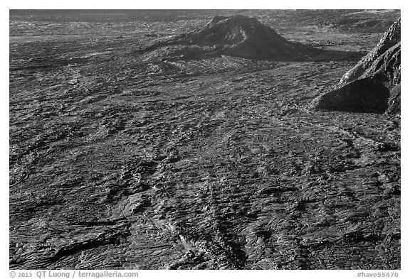 Hershey Kiss and  Mokuaweoweo crater floor. Hawaii Volcanoes National Park (black and white)