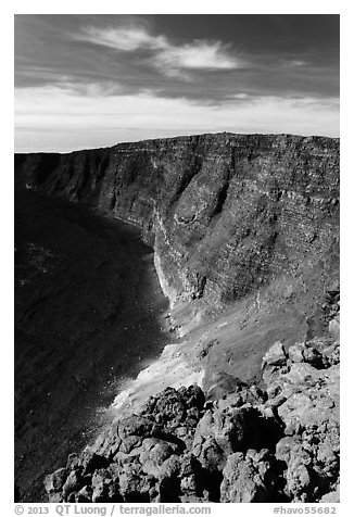 Mauna Loa summit rising above  Mokuaweoweo crater. Hawaii Volcanoes National Park (black and white)