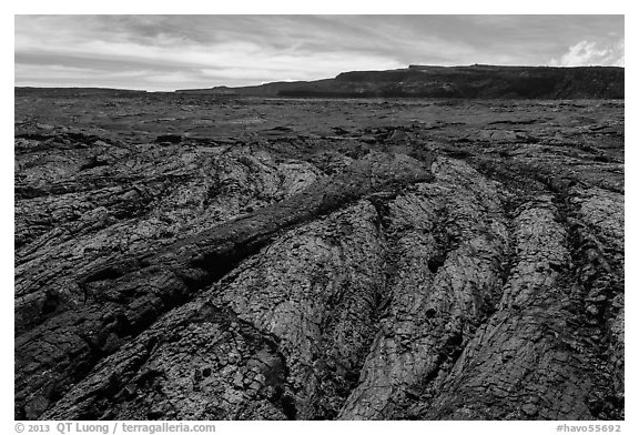 Olivine-rich lava and Mokuaweoweo crater, Mauna Loa North Pit. Hawaii Volcanoes National Park (black and white)