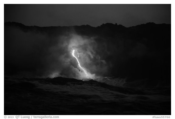 Waves, lava flow, and cliffs. Hawaii Volcanoes National Park (black and white)