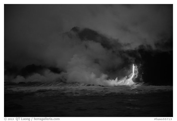 Lava flow seen from the ocean at dawn. Hawaii Volcanoes National Park (black and white)