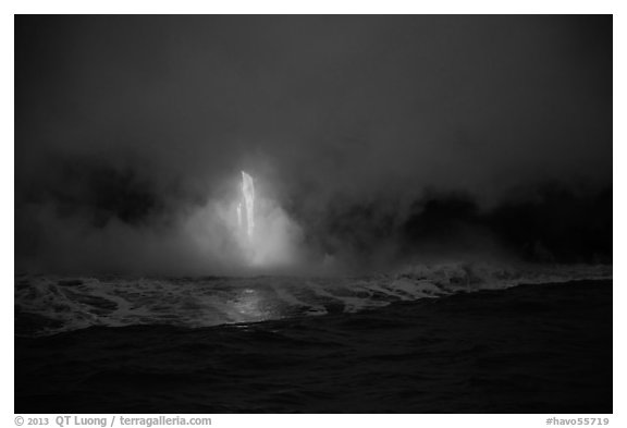 Lava flow at dawn, ocean reflection, and steam plume. Hawaii Volcanoes National Park (black and white)