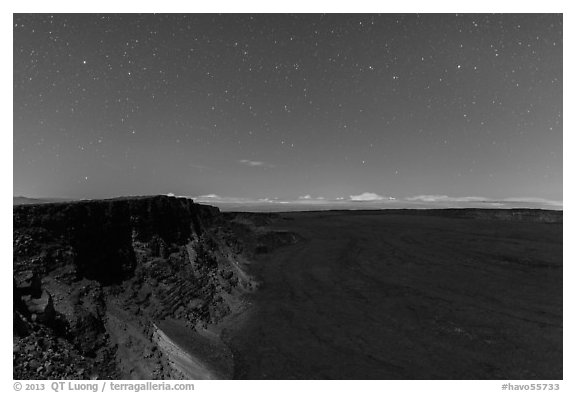 Mauna Loa summit cliffs, Mokuaweoweo crater moonlit at night. Hawaii Volcanoes National Park (black and white)