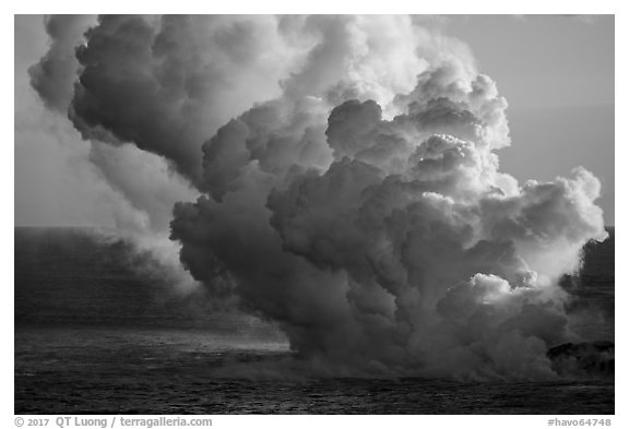 Plume from lava ocean entry. Hawaii Volcanoes National Park (black and white)