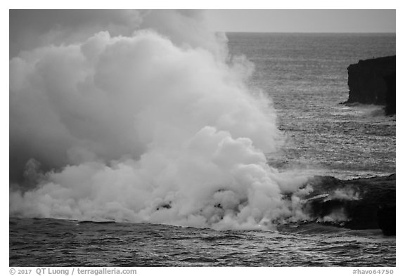 Lava reaching ocean from bench. Hawaii Volcanoes National Park (black and white)