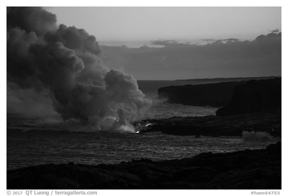 Coastline with ocean entry, sunset. Hawaii Volcanoes National Park (black and white)