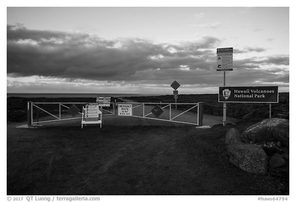 Park boundary along new emergency road. Hawaii Volcanoes National Park (black and white)