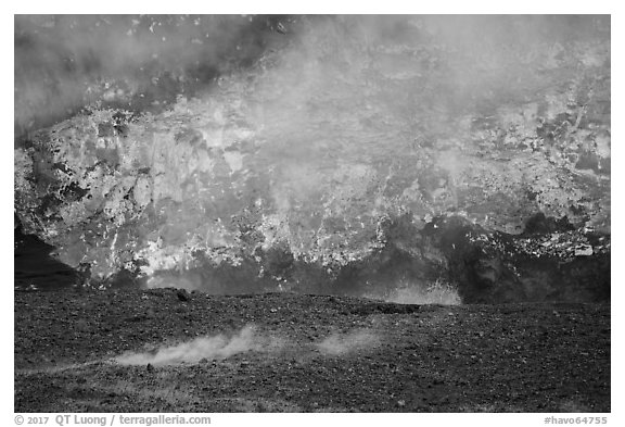 Lava fountains, fumeroles, and venting plume, Halemaumau crater. Hawaii Volcanoes National Park (black and white)