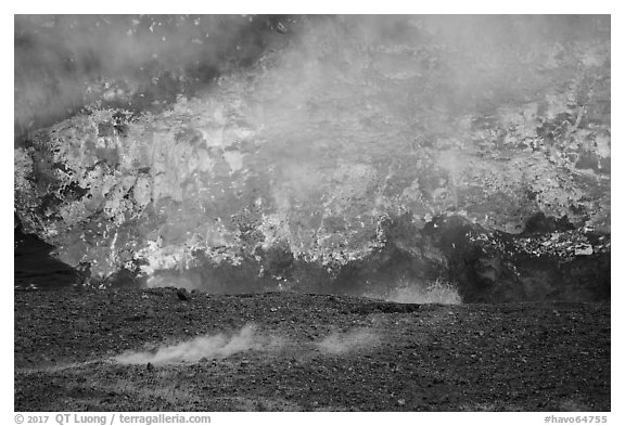 Lava fountains, fumeroles, and venting plume, Halemaumau crater. Hawaii Volcanoes National Park (black and white)