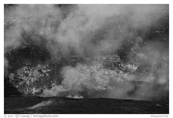 Lava fountains from lava lake in Halemaumau crater. Hawaii Volcanoes National Park (black and white)