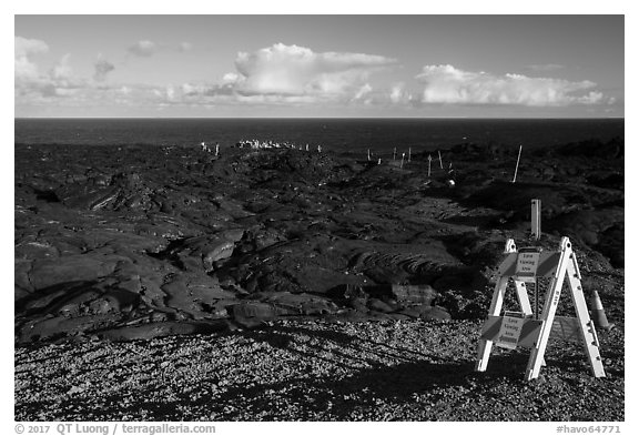 Coastal lava viewing area from emergency road. Hawaii Volcanoes National Park (black and white)