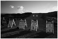 Road closure sign along new emergency road. Hawaii Volcanoes National Park ( black and white)