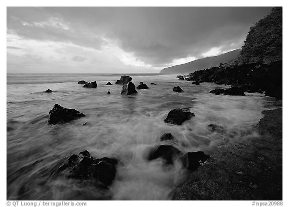 Surf and rocks, Siu Point, Tau Island. National Park of American Samoa (black and white)