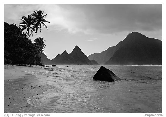 Sunuitao Peak and Piumafua mountain on Olosega Island from the South Beach, Ofu Island. National Park of American Samoa