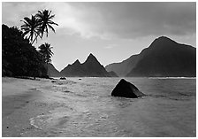 Sunuitao Peak and Piumafua mountain on Olosega Island from the South Beach, Ofu Island. National Park of American Samoa (black and white)