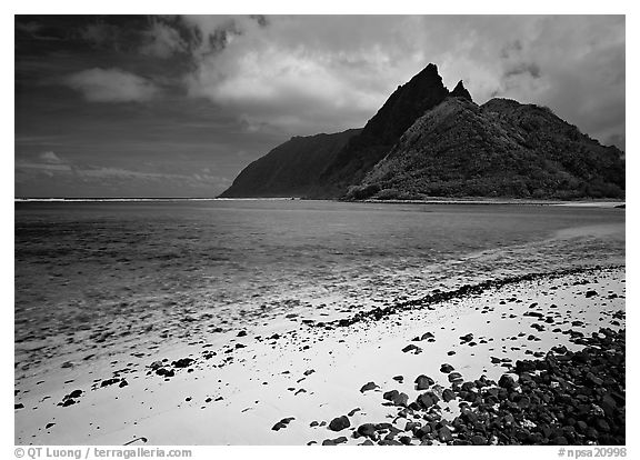 Sand beach and Ofu Island seen from Olosega. National Park of American Samoa (black and white)