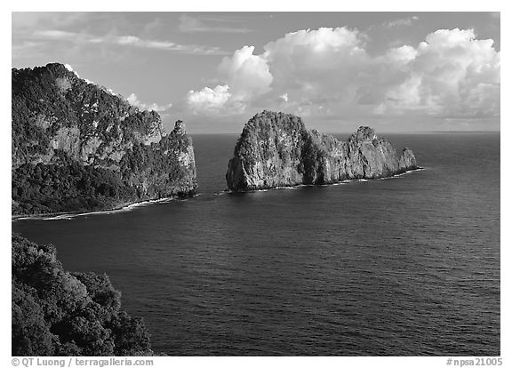 Pola Island and Vaiava Strait, early morning, Tutuila Island. National Park of American Samoa (black and white)