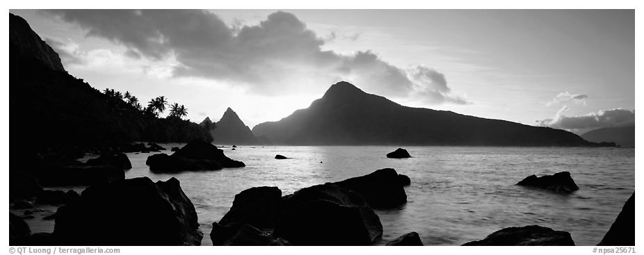 Coastline with boulders at sunrise, Ofu Island. National Park of American Samoa (black and white)