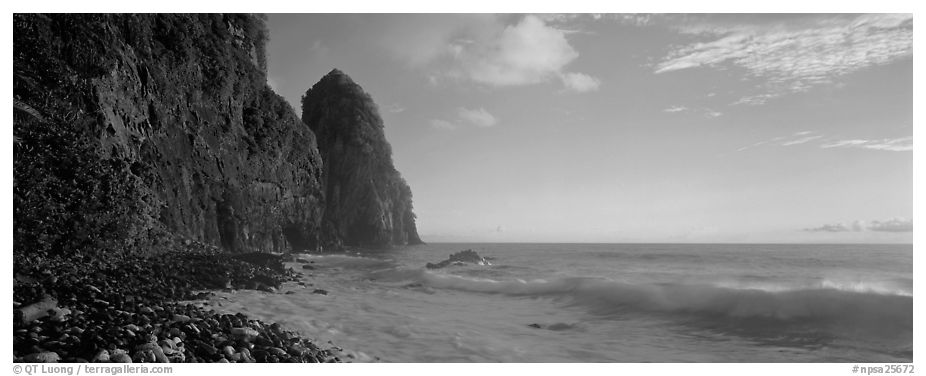 Coastline with tall seacliff, early morning, Tutuila Island. National Park of American Samoa (black and white)