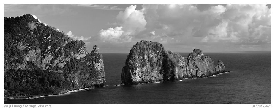 Vaiava Strait and Pola Island, Tutuila. National Park of American Samoa (black and white)