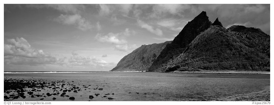 Pointed tropical peaks rising above turquoise waters, Ofu Island. National Park of American Samoa (black and white)