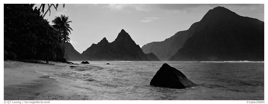 Tropical peaks raising abruptly above beach, Ofu Island. National Park of American Samoa (black and white)