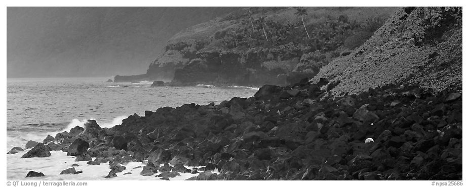 Coastline of Volcanic boulders, Tau Island. National Park of American Samoa (black and white)