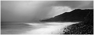Seascape with storm clouds and foamy ocean, Tutuila Island. National Park of American Samoa (Panoramic black and white)