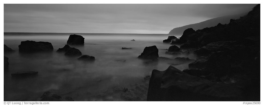 Rugged coastline at dusk. National Park of American Samoa (black and white)