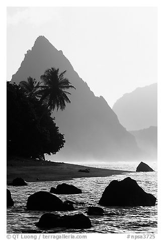 Sunuitao Peak from South Beach, early morning, Ofu Island. National Park of American Samoa (black and white)