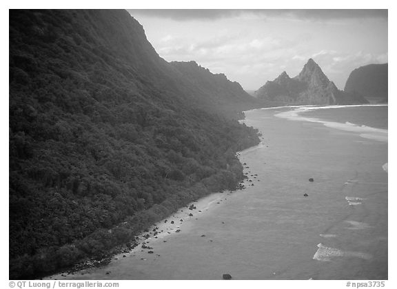 Aerial view of the South shore of Ofu Island. National Park of American Samoa (black and white)