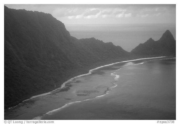 Aerial view of Ofu Lagoon, Ofu Beach, Tumu Mountain and Sunuitao Peak. National Park of American Samoa (black and white)