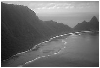Aerial view of Ofu Lagoon, Ofu Beach, Tumu Mountain and Sunuitao Peak. National Park of American Samoa ( black and white)