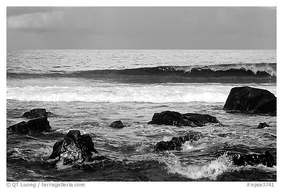 Boulders and surf, Tau Island. National Park of American Samoa (black and white)