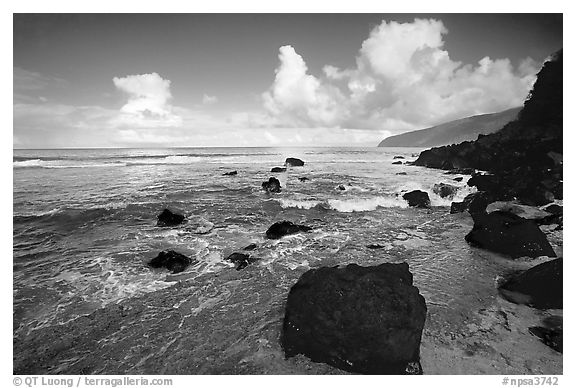 Black boulders and Siu Point coastline, Tau Island. National Park of American Samoa (black and white)