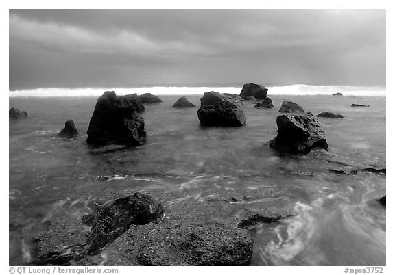 Boulders and approaching tropical storm, Siu Point, Tau Island. National Park of American Samoa (black and white)