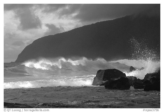 Surf and sea cliff, Siu Point, Tau Island. National Park of American Samoa (black and white)