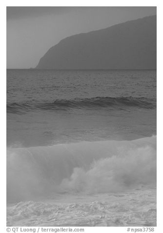 Turquoise waters in surf and Mataalaosagamai sea cliffs, Tau Island. National Park of American Samoa (black and white)