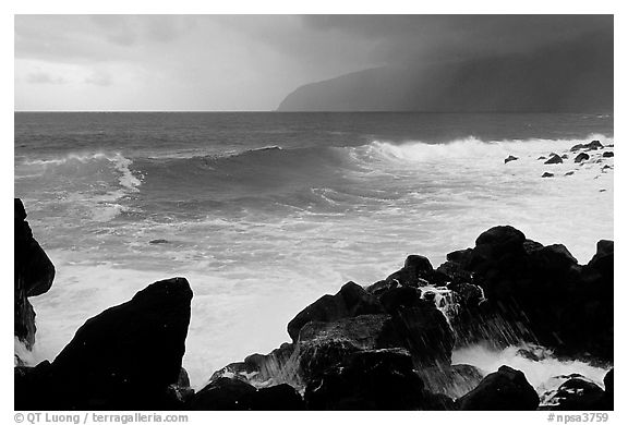 Boulders, crashing waves, and wild coastline, Siu Point, Tau Island. National Park of American Samoa (black and white)