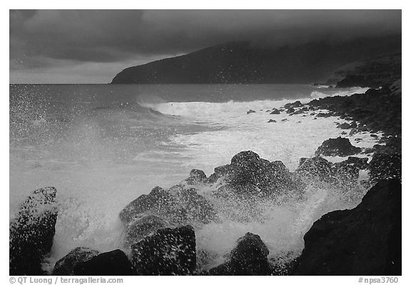 High sea cliffs of Mataalaosagamai ridge, among the tallest in the world, from Siu Point, Tau Island. National Park of American Samoa (black and white)