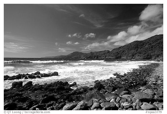 Peeble beach and Vatia Bay, mid-day, Tutuila Island. National Park of American Samoa