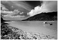 Fishing boat in Vatia Bay, mid-day, Tutuila Island. National Park of American Samoa (black and white)